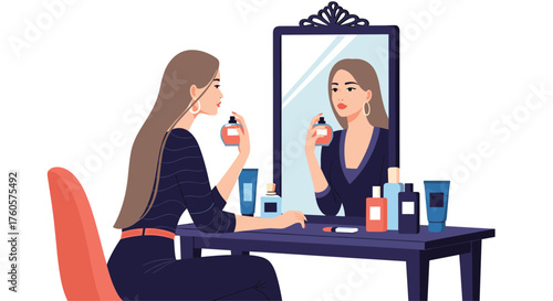 Woman applying perfume in front of a mirror with makeup and bottles on the table.
