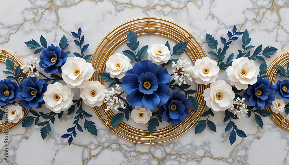 Obraz premium Blue and White Paper Flowers with Gold Circular Frame on Marble Background