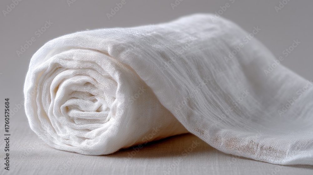 Obraz premium Rolled up white fabric on a beige background. the fabric appears to be soft and fluffy, with a smooth texture. the roll is neatly folded and has a slight sheen to it.