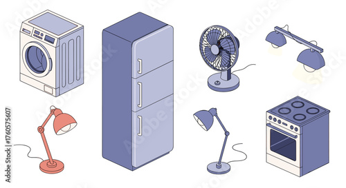Collection of essential home appliances and lighting fixtures for modern living.