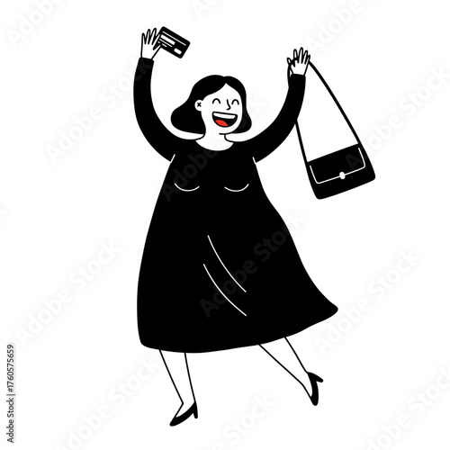 Icon of a happy plus-sized woman holding a credit card and a bag with excitement
