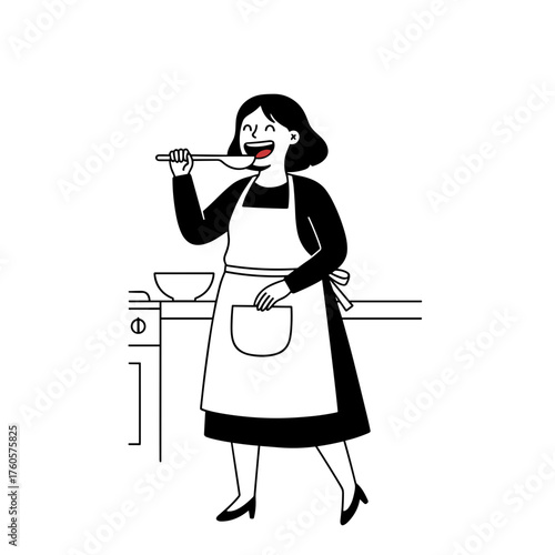 Icon of a happy plus-sized woman in an apron tasting a dish with a spoon