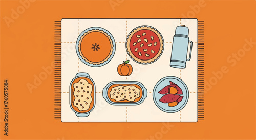 A Delightful Holiday Feast Illustration Featuring Warm Pies and Casseroles, Perfect for Festive Christmas and Thanksgiving Gatherings