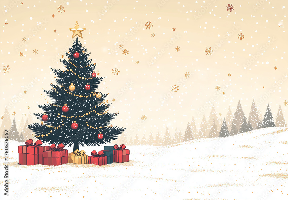 Fototapeta premium Festive christmas tree with presents in snowy winter landscape