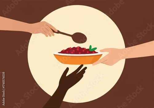 Celebrating togetherness Diverse hands share a holiday feast, embodying generosity and communal spirit for Christmas and Thanksgiving
