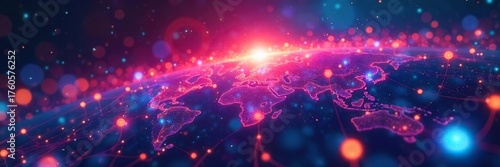 Global Network Connectivity Futuristic Nodes Connecting Across a Vibrant Horizon
