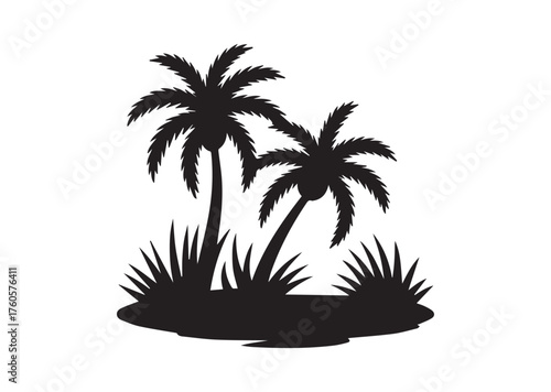 Shows a desert oasis with palm trees and grass growing Vector