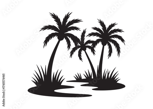 Shows a desert oasis with palm trees and grass growing Vector