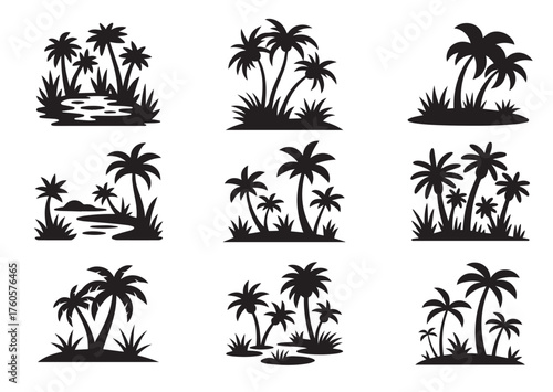 Shows a desert oasis with palm trees and grass growing Vector