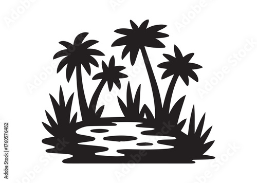 Shows a desert oasis with palm trees and grass growing Vector