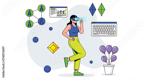 Vector art of a woman wearing a vr headset interacts with virtual elements, surrounded by data visualizations and abstract shapes, showcasing the potential of virtual reality