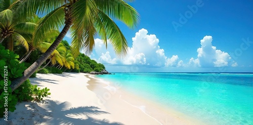 Fototapeta Naklejka Na Ścianę i Meble -  Idyllic Tropical Island Paradise Pristine White Sand Beach, Turquoise Waters, Swaying Palm Trees, Relaxation