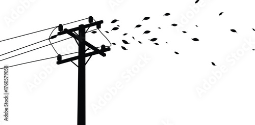 Silhouette utility pole with power lines and blowing leaves vector illustration showing contrast between infrastructure and nature in windy environment