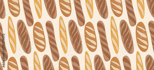 Seamless pattern of baguettes and French bread loaves. For bakery, cafe menu, and food textile print