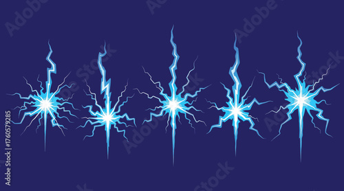 Vector art of set of electric discharge vector illustrations isolated on blue background collection of lightning bolt and energy flash effects for animation and special effects design