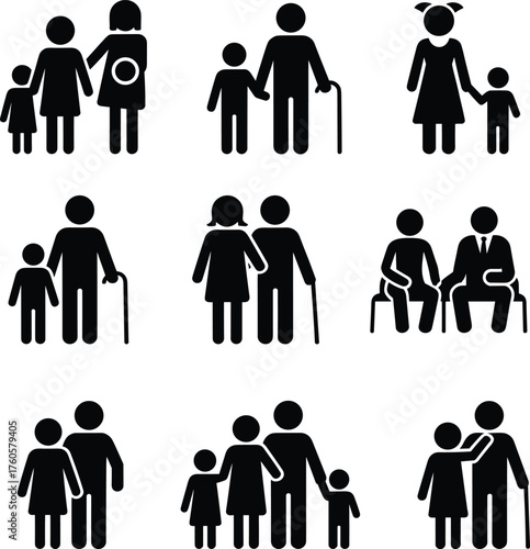 Family relationship silhouette illustration set, parent child icons, intergenerational caregiving artwork, social lifestyle design, community support graphic collection
