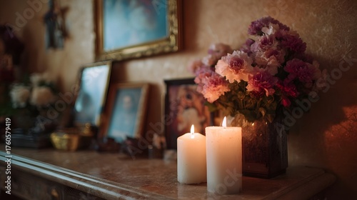 A solemn home altar adorned with burning candles flowers and framed pictures
