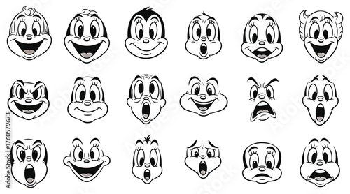 Vector art of collection of cartoon faces expressing various emotions, perfect for animation, comics, or character design projects requiring a range of expressions