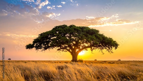 Fototapeta Naklejka Na Ścianę i Meble -  A vibrant landscape showcases a large, lush tree silhouetted against a golden sunset sky above grassy plains. Distant horizon