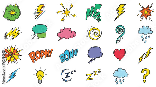 Vector art of a vibrant collection of comic speech bubbles and sound effects, featuring lightning bolts, clouds, hearts, and wind symbols