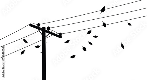 Silhouette utility pole with power lines and flying leaves in wind, minimalist black and white vector illustration of urban infrastructure scene