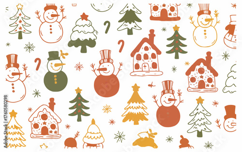Festive holiday spirit with a charming Christmas pattern showcasing cheerful snowmen, cozy houses, and decorated trees for joyful seasonal designs