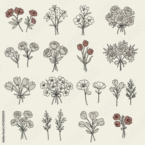 A minimal vector collection of hand-drawn floral arrangements and bouquets. Clean outline illustrations of flowers in a vintage botanical set