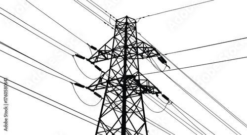 Silhouette vector illustration of high voltage transmission tower with power lines, electricity pylon structure, energy infrastructure, industrial design, urban landscape element