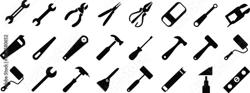 Hand tools silhouette illustration set, hardware icons, construction repair artwork, DIY equipment design, mechanical tool graphic, workshop symbol collection