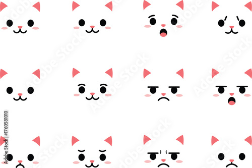 Collection of cute cartoon cat faces expressing a wide range of emotions and feelings with simple adorable kawaii style illustrations