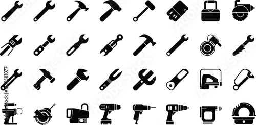 Hand tools silhouette illustration set, power tool icons, construction repair artwork, mechanical design graphic, DIY equipment symbol collection