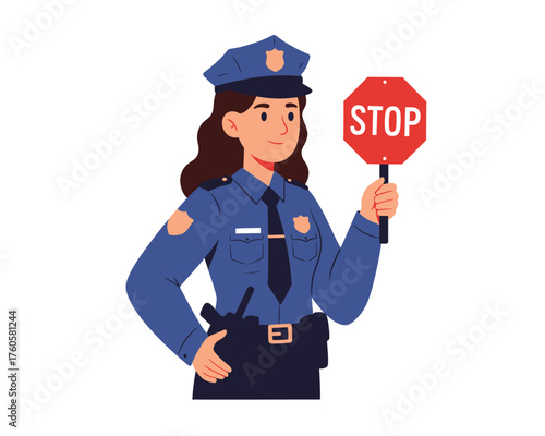 Female police officer in uniform holding a red stop sign directing traffic and ensuring safety on the road