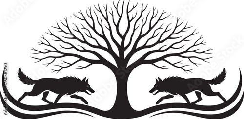 Two Wolves Under Bare Tree Silhouette Wildlife Wilderness Nature Illustration Vector Graphic
