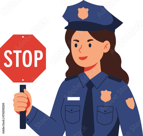 Female police officer in uniform holding a red stop sign for traffic control and safety enforcement on a white background