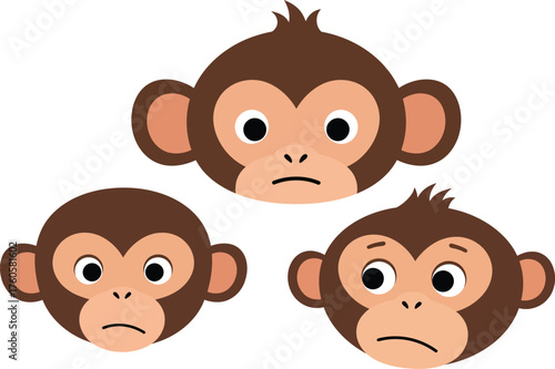 Three cartoon monkey faces expressing different emotions of sadness and worry against a clean white background