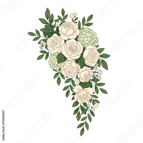 A beautiful and clean vector illustration of a floral swag arrangement featuring delicate white roses and green leaves for wedding invitations or decorative design elements
