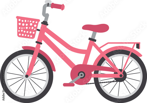 A vibrant pink children s bicycle with a woven basket on the front and a rack on the back perfect for young riders