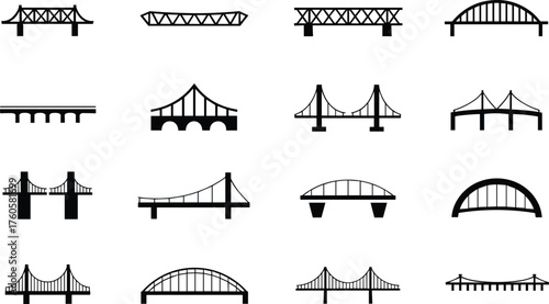 Bridge silhouette illustration set, suspension arch beam truss cable‑stayed icons, engineering architecture artwork, structural design graphic collection