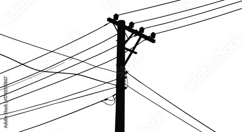 Silhouette vector illustration of utility pole with multiple power lines, electrical cables, crossarms, insulators, urban infrastructure, communication network design