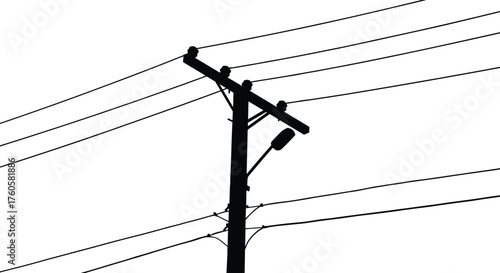 Silhouette vector illustration of utility pole with power lines, electrical distribution infrastructure, transformer equipment, urban energy supply, minimalist industrial scene