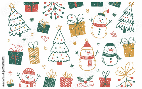 Cheerful Christmas pattern featuring cute snowmen, whimsical trees, and colorful gifts for festive holiday projects and seasonal designs, a joyous celebration