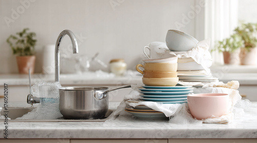 Wallpaper Mural A cluttered kitchen sink overflowing with dirty dishes symbolizes chores, daily life, and household tasks. Useful for illustrating domestic responsibilities. Torontodigital.ca