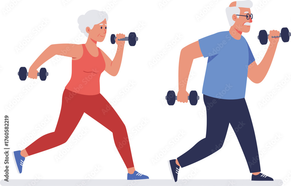 Fototapeta premium Active senior couple exercising together lifting dumbbells for a healthy lifestyle and fitness routine in a studio setting