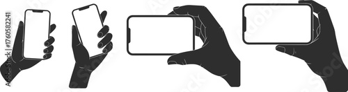 Smartphone in hand silhouette illustration set, mobile device usage icons, user interface design artwork, technology gesture graphic collection