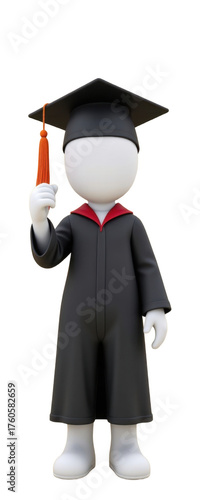 Student mascot figure wea graduation gown and cap holding diploma, university education celebration symbol, 3D render, isolated white background, front view, high detail