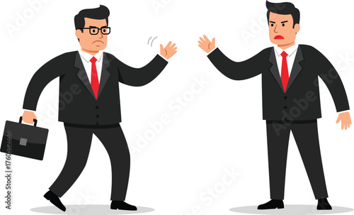 Two businessmen in suits arguing and gesturing aggressively with hands raised in a heated business conflict disagreement