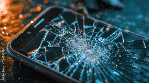 画面がひび割れたスマートフォンのクローズアップと故障のイメージ