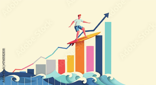 Businessman surfing on a growing financial bar chart representing economic success and market growth.