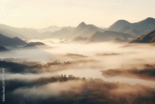 Wallpaper Mural 朝霧に包まれた山々が連なる幻想的で静かな風景 Torontodigital.ca
