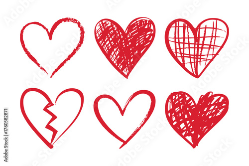 Collection of six hand drawn red hearts in various styles on a white background